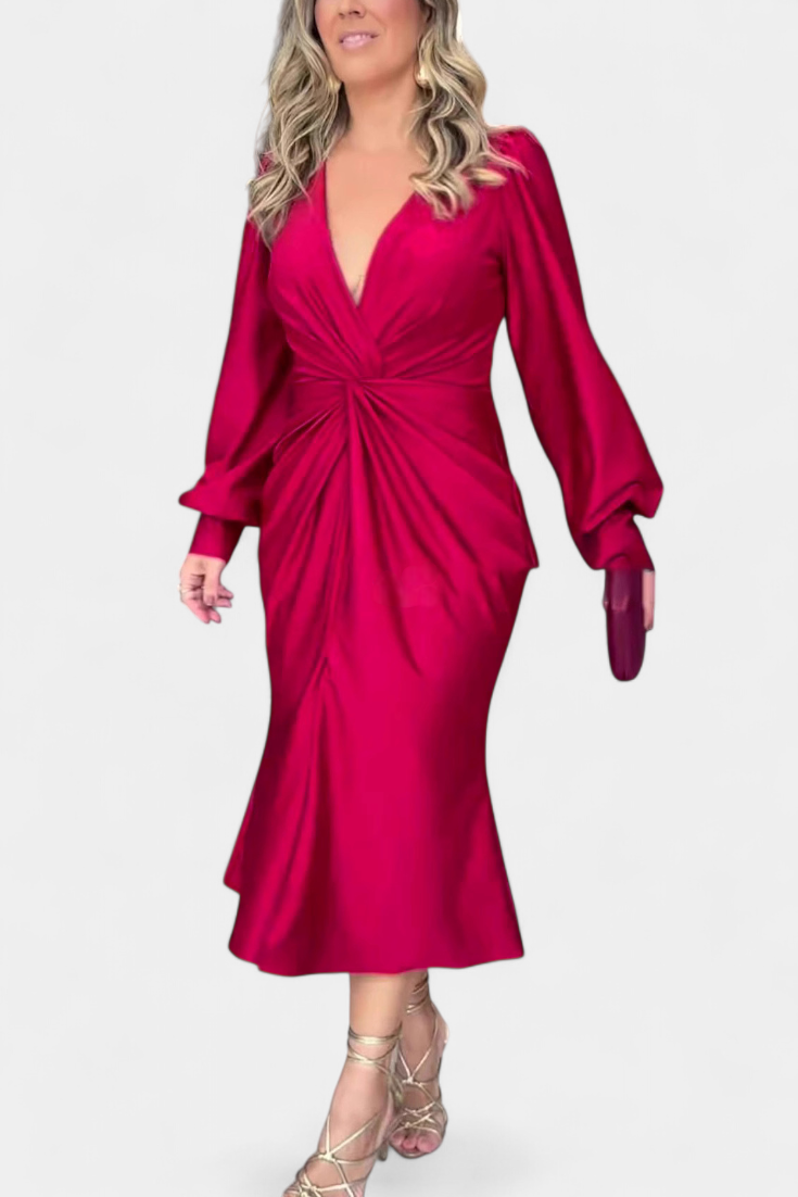 Lena Duga Haljina s Dugim Rukavima i V-Izrezom