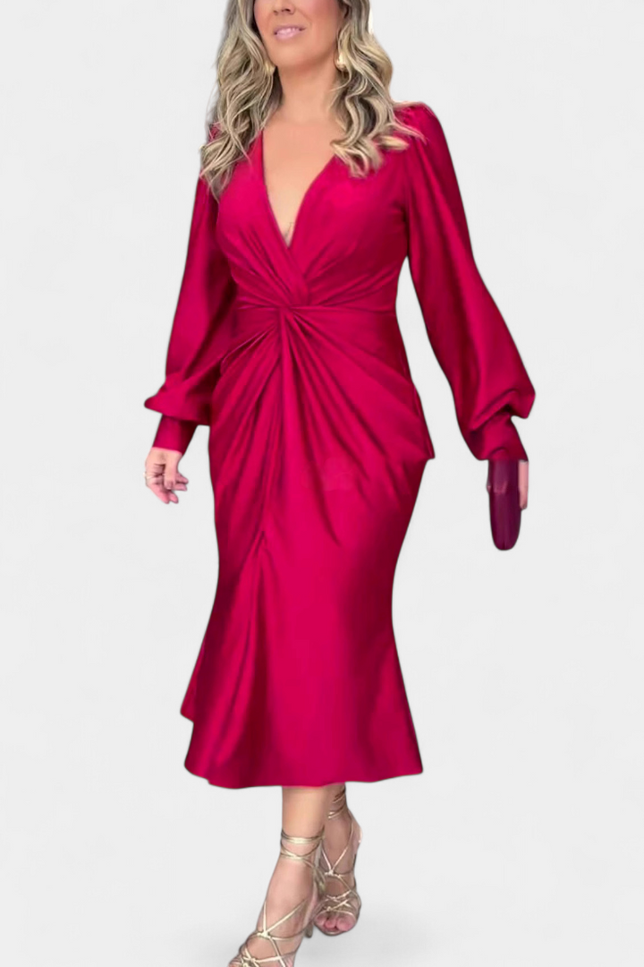 Lena Duga Haljina s Dugim Rukavima i V-Izrezom