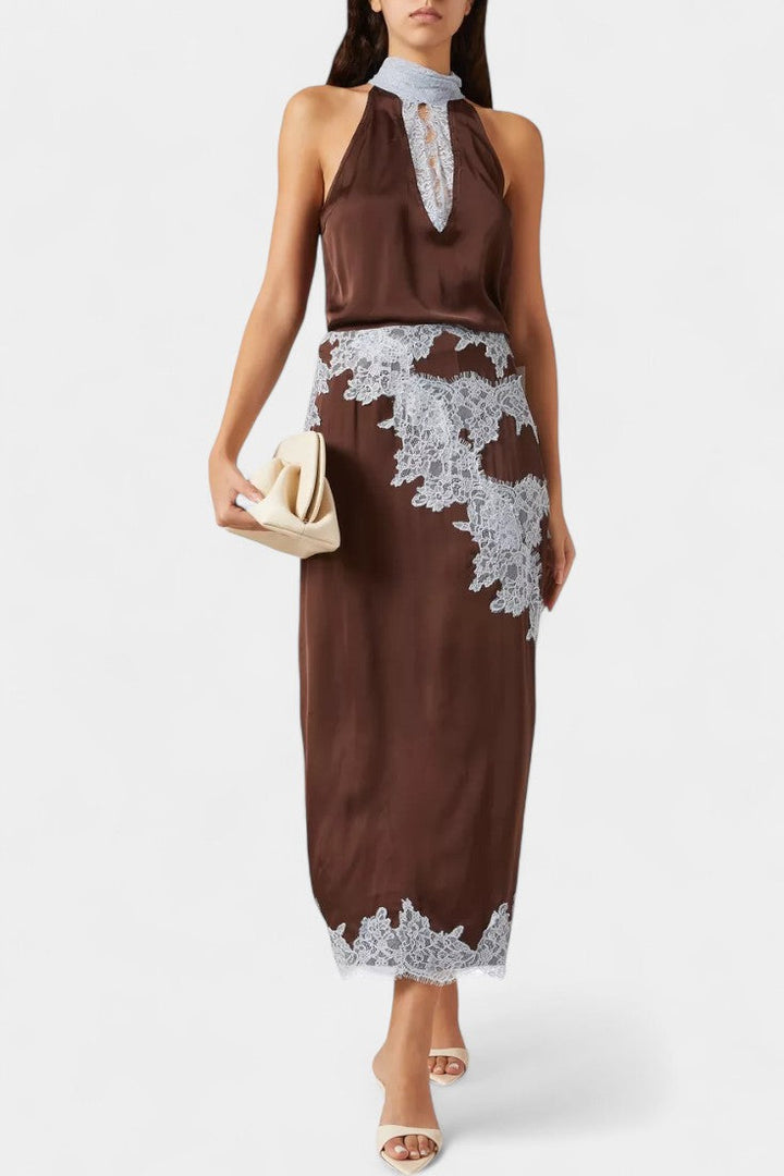 Dragica Set Topa i Suknje s Kontrastnim Čipkastim Panele